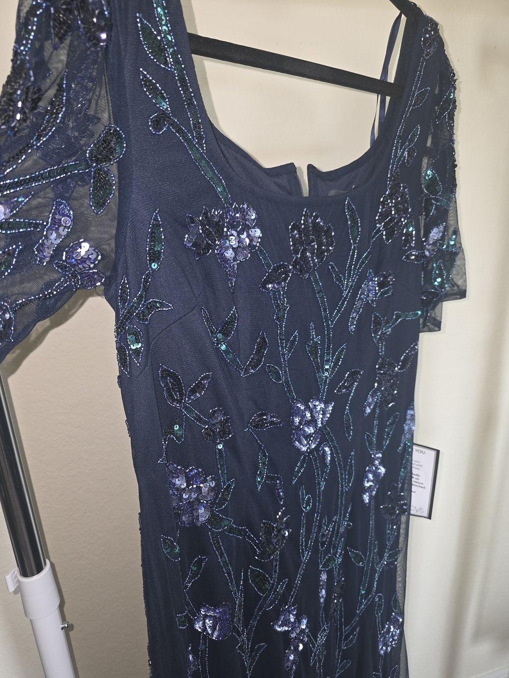 ADRIANNA PAPELL Dress Square Neck  Beaded Godet Gown In Midnight Size 14 Petite - Picture 6 of 10
